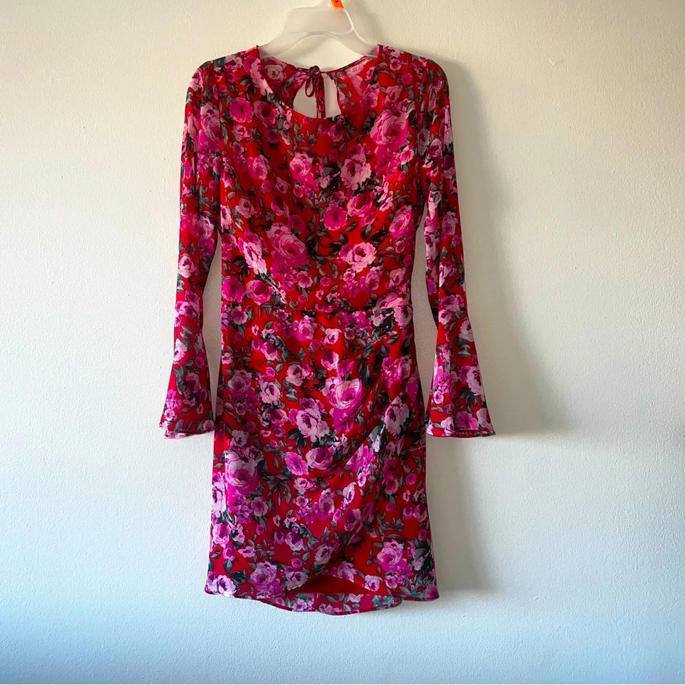 B. DARLIN Open Back MIDI Dress Red and Pink with Flower Pattern SIZE 11/12 - Picture 1 of 3